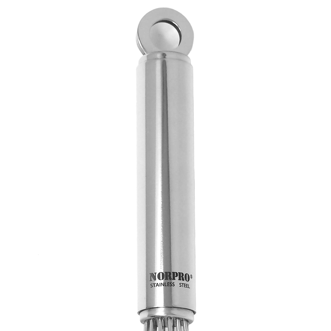 Close-up of a high-polish stainless steel balloon whisk handle featuring a hanging loop, suitable for Kitchen & Food, Cookware, Baking Supplies, and Kitchen Gadgets collections.