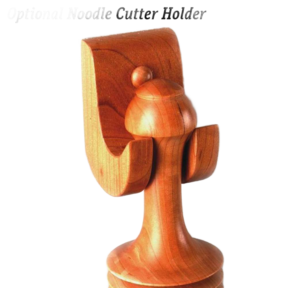 Handcrafted unfinished cherry wood holder with smooth curves and rounded finial, designed to display and store the Amish-Made noodle cutter, fitting Kitchen & Food, Food Prep, and Amish Made collections.