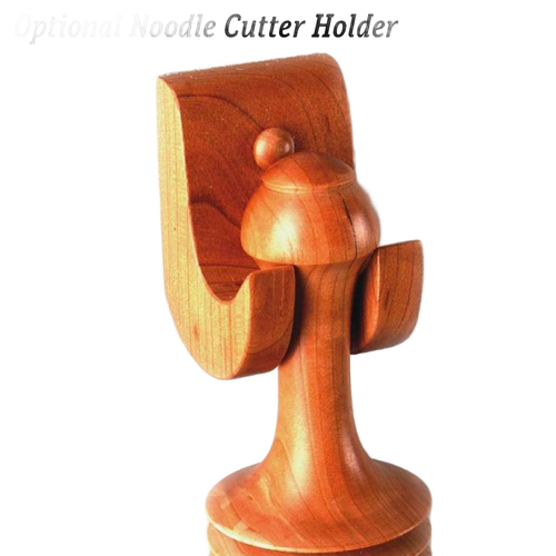 Handcrafted unfinished cherry wood holder with smooth curves and rounded finial, designed to display and store the Amish-Made noodle cutter, fitting Kitchen & Food, Food Prep, and Amish Made collections.
