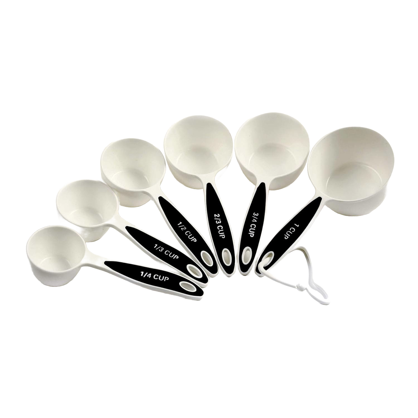 Set of seven white measuring cups with black ergonomic handles featuring clear size markings, designed for comfortable grip and accurate measurement, ideal for Kitchen & Food and Baking Supplies collections.