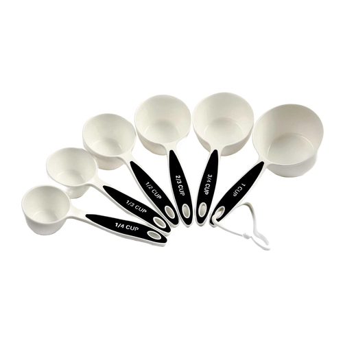 Set of seven white measuring cups with black ergonomic handles featuring clear size markings, designed for comfortable grip and accurate measurement, ideal for Kitchen & Food and Baking Supplies collections.