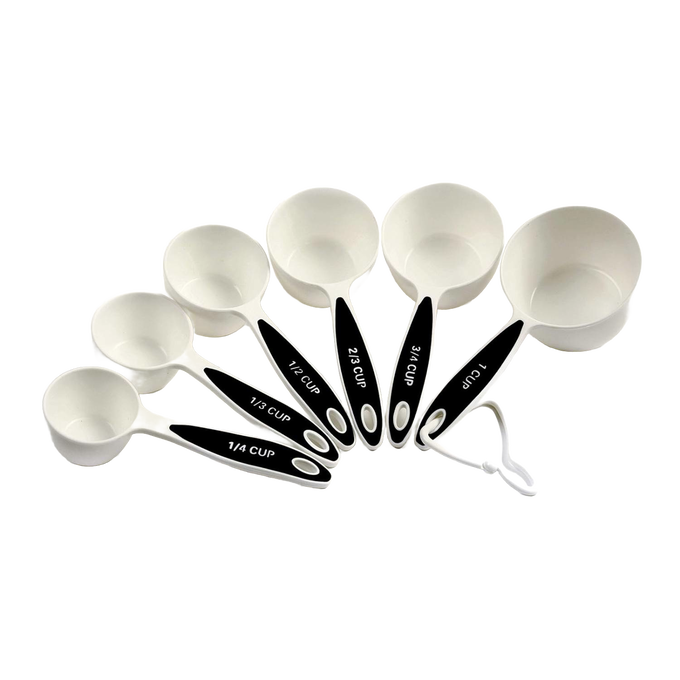 Set of seven white measuring cups with black ergonomic handles featuring clear size markings, designed for comfortable grip and accurate measurement, ideal for Kitchen & Food and Baking Supplies collections.