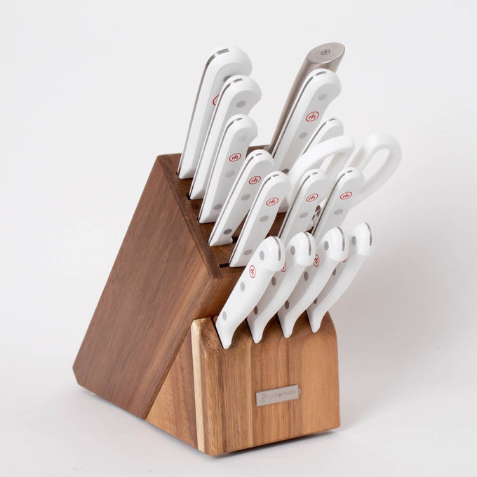 16-piece knife block set featuring white-handled knives with ergonomic design, housed in a sturdy wooden block, ideal for Farm, Garden & Tool, Kitchen & Food, Knives & Axes, and Food Prep collections.