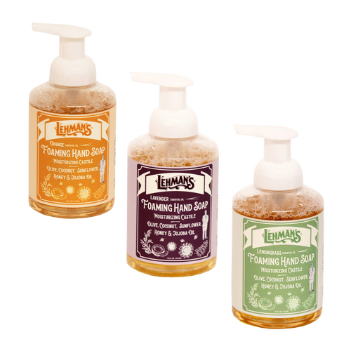 Set of three Lehman's moisturizing foaming hand soaps in clear bottles with pump tops, featuring natural scents and plant-based ingredients, ideal for Health & Wellness and Grooming collections.