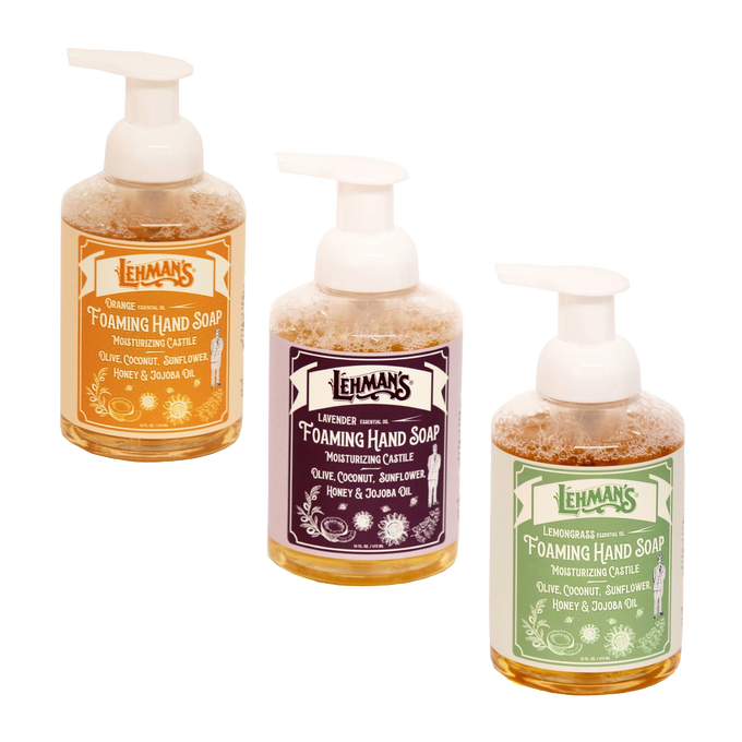 Set of three Lehman's moisturizing foaming hand soaps in clear bottles with pump tops, featuring natural scents and plant-based ingredients, ideal for Health & Wellness and Grooming collections.