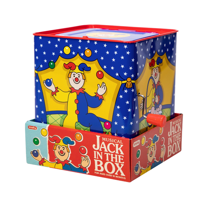 Brightly painted handcrafted pop-up tin box featuring a colorful jester and playing Pop Goes the Weasel, part of Toys, Children's Toys, Indoor Play, and Best Sellers collections.