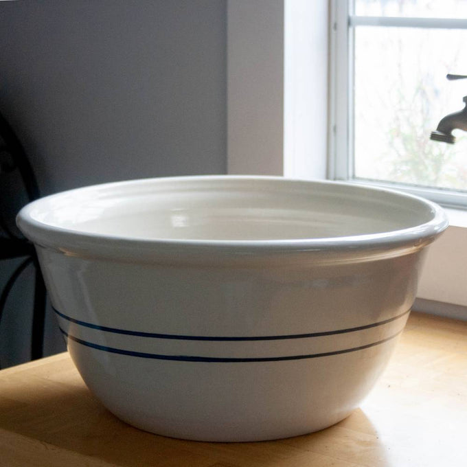 Handcrafted 16-inch stoneware bowl with heritage blue stripes, made in USA, ideal for Kitchen & Food, Cookware, Baking Supplies, Storage and Serving, and Best Sellers collections.