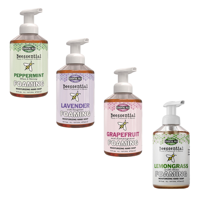Set of four 16 fl oz handcrafted natural foaming moisturizing hand soaps in peppermint, lavender, grapefruit, and lemongrass scents with essential oils, made in small batches in the USA, ideal for Health & Wellness, Soaps, USA Made, and Best Sellers collections.