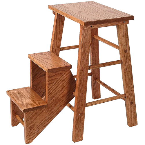 Handcrafted solid oak step stool with two steps and lacquered finish, featuring sturdy construction and Amish-made quality, ideal for Home & Decor and USA Made collections.