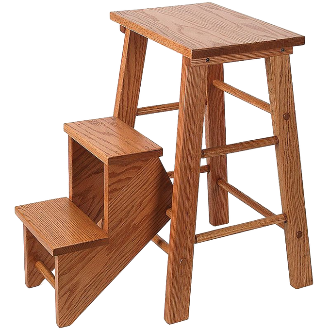 Handcrafted solid oak step stool with two steps and lacquered finish, featuring sturdy construction and Amish-made quality, ideal for Home & Decor and USA Made collections.