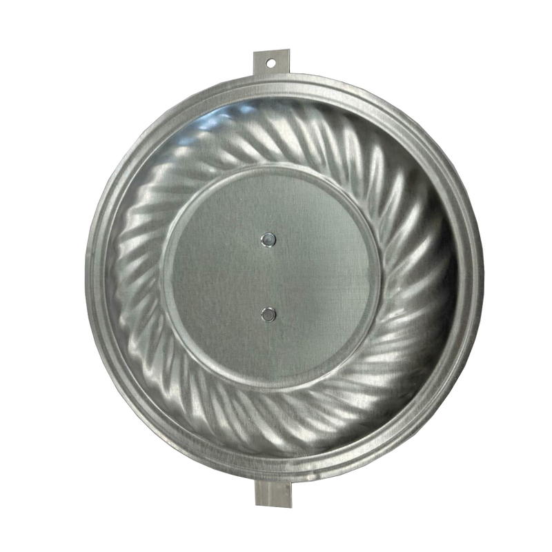 Round galvanized steel flue cover with a textured swirl pattern, designed for sealing unused fireplace flue openings, made in USA, suitable for Stoves and Hearth Accessories collections.