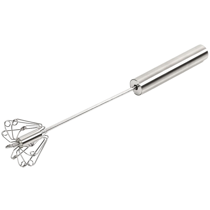 Stainless steel push whisk with rotating head and smooth cylindrical handle, ideal for effortless mixing in Kitchen & Food, Kitchen Gadgets, Cooking and Baking Helpers, Best Sellers, and Promo Eligible collections.