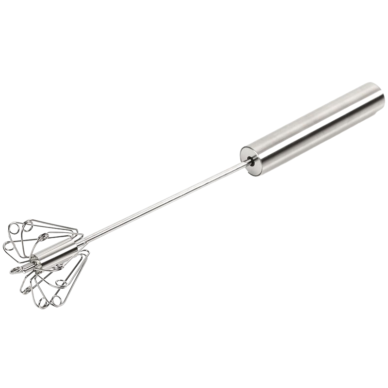 Stainless steel push whisk with rotating head and smooth cylindrical handle, ideal for effortless mixing in Kitchen & Food, Kitchen Gadgets, Cooking and Baking Helpers, Best Sellers, and Promo Eligible collections.