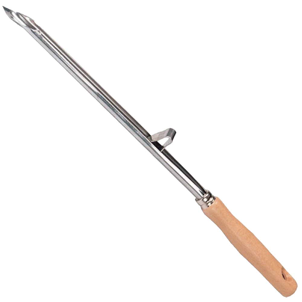 Larding needle with a 13-inch stainless steel tube and wooden handle, handcrafted for use with wild game and tougher meats, ideal for Kitchen & Food, Specialty Equipment, Butchering Supplies, and Best Sellers collections.