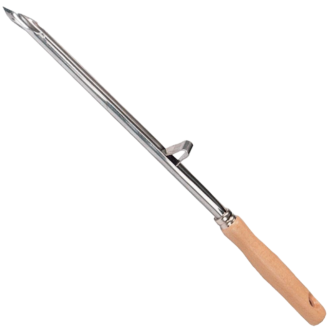 Larding needle with a 13-inch stainless steel tube and wooden handle, handcrafted for use with wild game and tougher meats, ideal for Kitchen & Food, Specialty Equipment, Butchering Supplies, and Best Sellers collections.