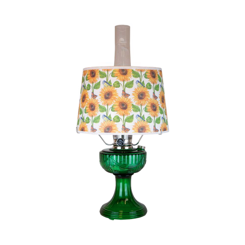 Handcrafted oil lamp featuring an Ohio-made emerald glass base and a shatterproof sunflower-patterned shade, perfect for Farm, Garden & Tool and Lamps & Lighting collections.