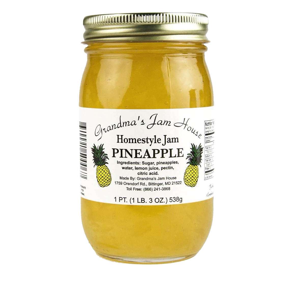 Handcrafted jar of pineapple homestyle jam with gold lid and white label featuring pineapple illustrations, made in USA, ideal for Kitchen & Food, Pantry, Peanut Butter & Jellies, Best Sellers, and Promo Eligible collections.