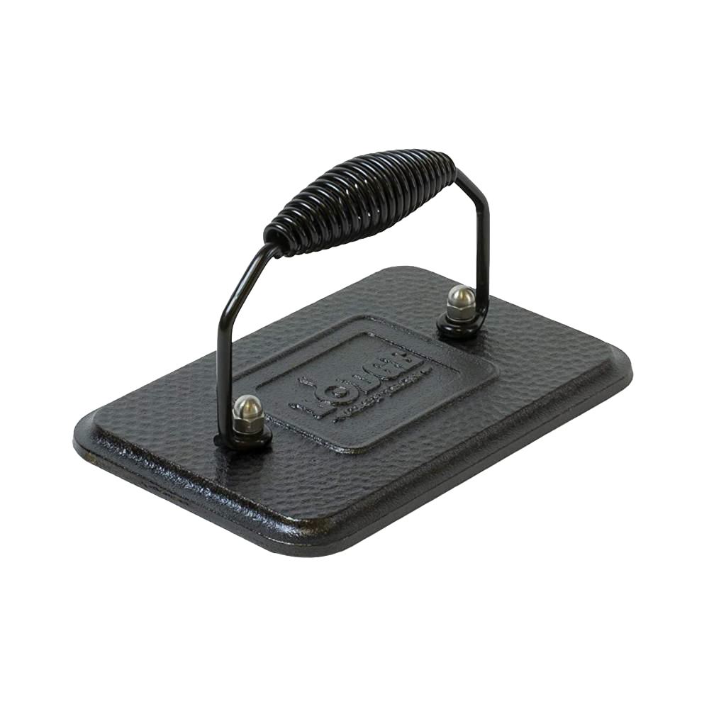 Rectangular cast iron grill press with sturdy coil handle, designed for even heat retention and faster cooking, great for Kitchen & Food, Cast Iron, and Cookware collections.