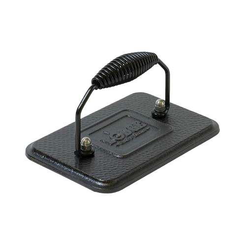 Rectangular cast iron grill press with sturdy coil handle, designed for even heat retention and faster cooking, great for Kitchen & Food, Cast Iron, and Cookware collections.