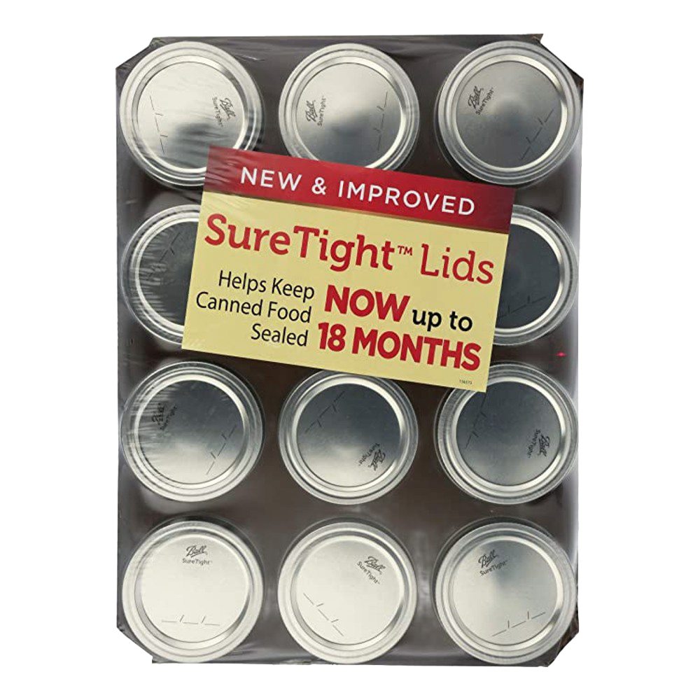 Set of twelve silver metal canning jar lids packaged together, featuring SureTight™ design to keep food sealed up to 18 months, suitable for Kitchen & Food, Food Preservation, Canning, USA Made, Best Sellers collections.