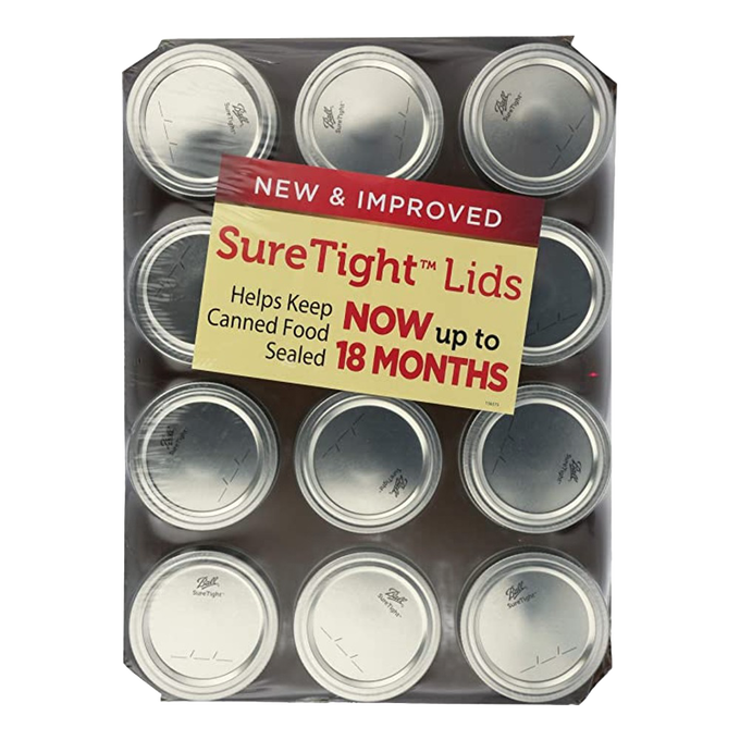 Set of twelve silver metal canning jar lids packaged together, featuring SureTight™ design to keep food sealed up to 18 months, suitable for Kitchen & Food, Food Preservation, Canning, USA Made, Best Sellers collections.