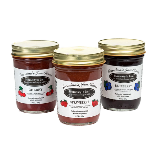 Three handcrafted jars of no sugar homestyle jams including cherry, strawberry, and blueberry flavors, made in USA, featured in Kitchen & Food, Food, Peanut Butter & Jellies, Best Sellers, Promo Eligible collections.