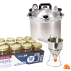 Handcrafted high-quality pressure canner with a set of 12 pint canning jars, metal funnel with red silicone tip, and sealing bands, ideal for Kitchen & Food and Food Preservation collections.