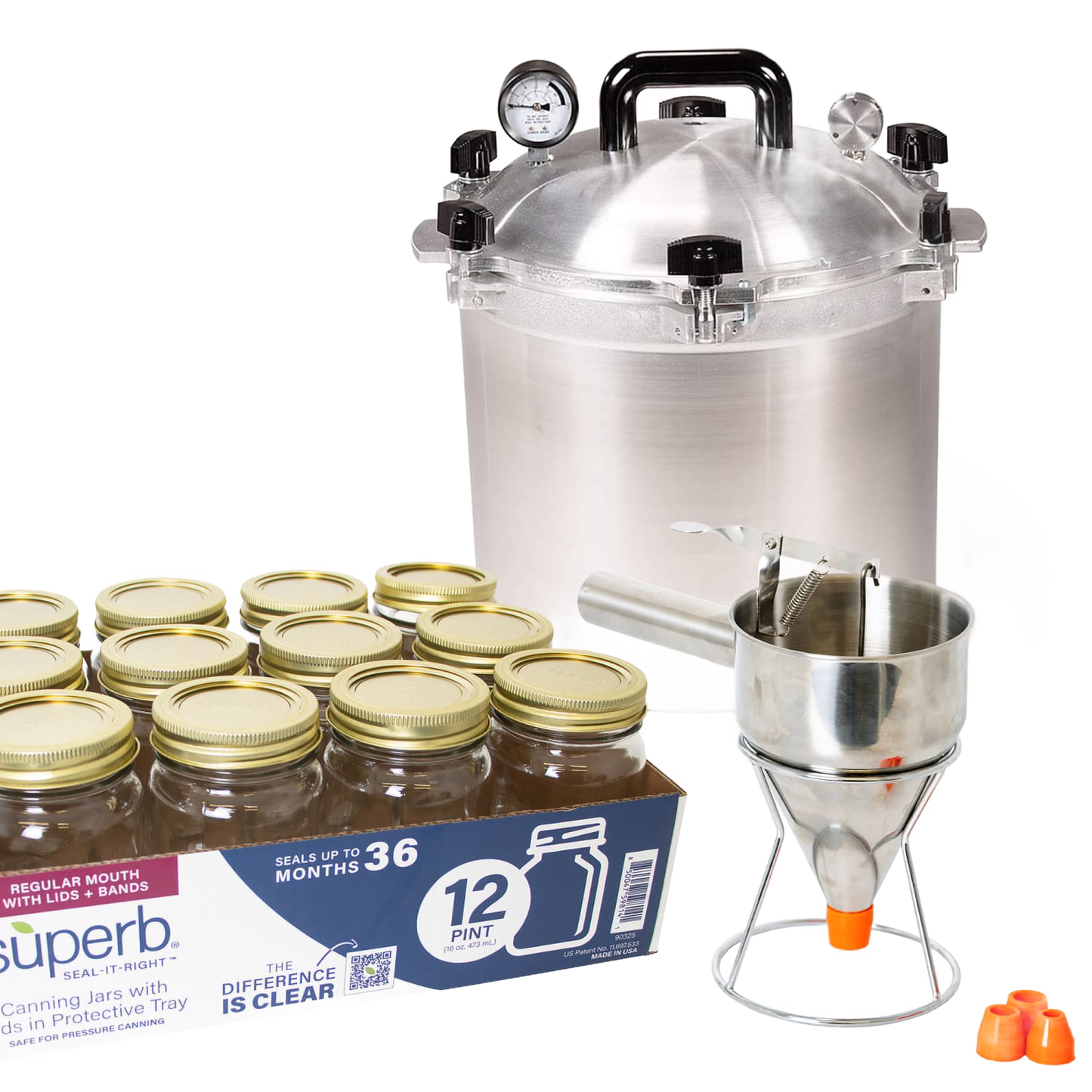Handcrafted high-quality pressure canner with a set of 12 pint canning jars, metal funnel with red silicone tip, and sealing bands, ideal for Kitchen & Food and Food Preservation collections.