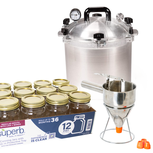 Handcrafted high-quality pressure canner with a set of 12 pint canning jars, metal funnel with red silicone tip, and sealing bands, ideal for Kitchen & Food and Food Preservation collections.