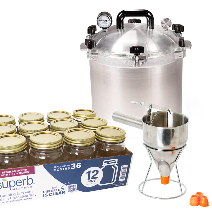 Handcrafted high-quality pressure canner with a set of 12 pint canning jars, metal funnel with red silicone tip, and sealing bands, ideal for Kitchen & Food and Food Preservation collections.