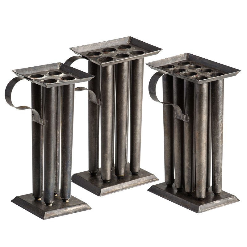 Set of three handcrafted tin molds with multiple cylindrical cavities and sturdy handles, designed for creating tapered candles, ideal for Candlemaking Supplies and Lamps & Lighting collections.