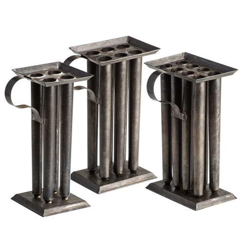 Set of three handcrafted tin molds with multiple cylindrical cavities and sturdy handles, designed for creating tapered candles, ideal for Candlemaking Supplies and Lamps & Lighting collections.