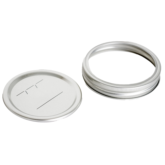 Silver wide-mouth metal canning lid and matching screw band with BPA-free sealing compound, ideal for Kitchen & Food, Food Preservation, Canning, Canning Jar Lids and Bands, Best Sellers, and Promo Eligible collections.
