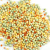 Close-up of a colorful mix of freeze-dried green peas, yellow corn, and orange carrots, highlighting a handcrafted classic vegetable blend made in USA, featured in Kitchen & Food collections.