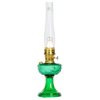 Handcrafted oil lamp with a vibrant emerald green glass font featuring a Lincoln Drape design, brass trim, and clear chimney, perfect for Lamps & Lighting, Oil Lamps, Table Lamps, Best Sellers, and Promo Eligible collections.