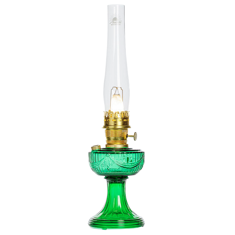 Handcrafted oil lamp with a vibrant emerald green glass font featuring a Lincoln Drape design, brass trim, and clear chimney, perfect for Lamps & Lighting, Oil Lamps, Table Lamps, Best Sellers, and Promo Eligible collections.