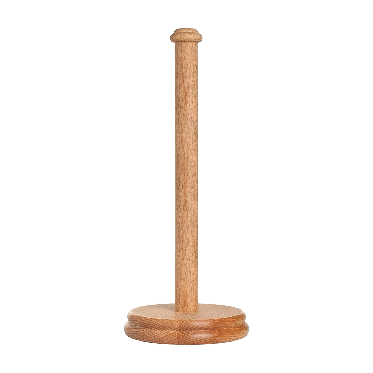 Simple and sturdy beechwood paper towel holder with a round base and vertical spindle, designed as a practical addition to household helpers and home decor collections.