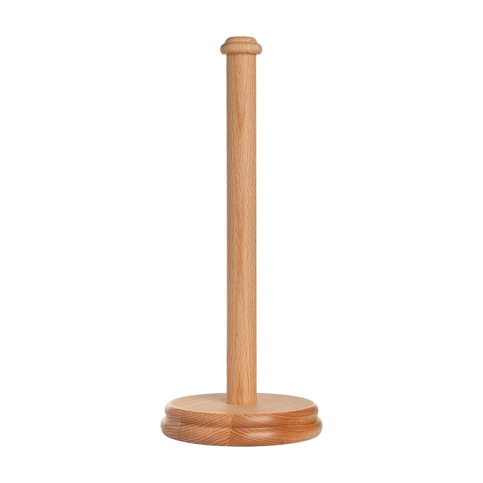 Simple and sturdy beechwood paper towel holder with a round base and vertical spindle, designed as a practical addition to household helpers and home decor collections.