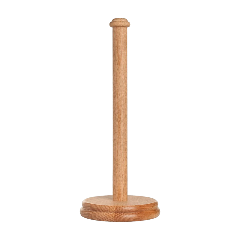 Simple and sturdy beechwood paper towel holder with a round base and vertical spindle, designed as a practical addition to household helpers and home decor collections.