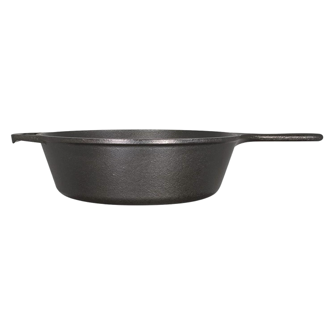 Side profile of a deep cast iron skillet with an assist handle and long grip, crafted for versatile cooking on stove, oven, grill, or campfire, featured in Farm, Garden & Tool, Kitchen & Food, Camping, Cookware, Cast Iron, Best Sellers, and Promo Eligible collections.