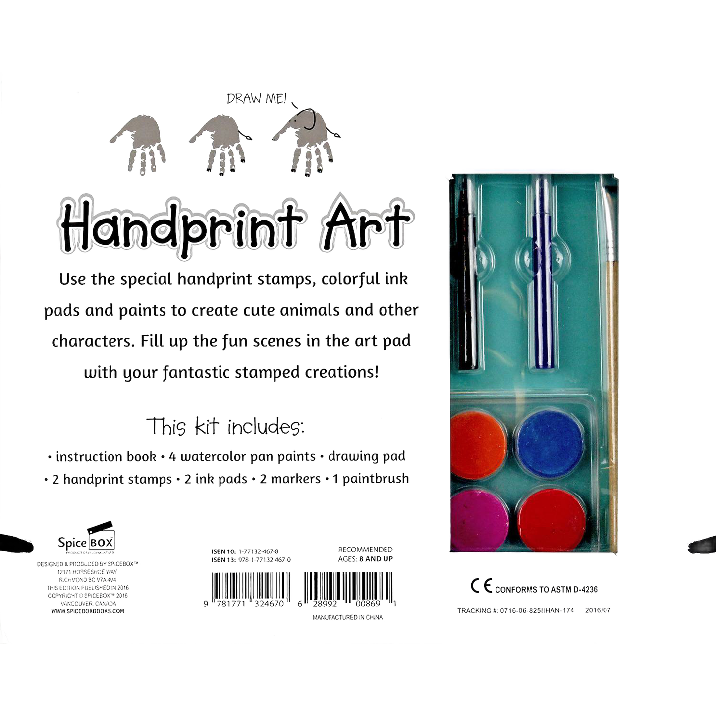 Open kids’ art kit featuring colorful paint pots and markers designed for handprint stamping activities, encouraging creativity in arts and crafts collections.