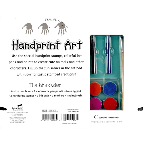 Open kids’ art kit featuring colorful paint pots and markers designed for handprint stamping activities, encouraging creativity in arts and crafts collections.