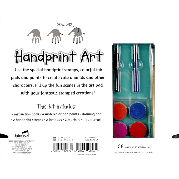 Open kids’ art kit featuring colorful paint pots and markers designed for handprint stamping activities, encouraging creativity in arts and crafts collections.
