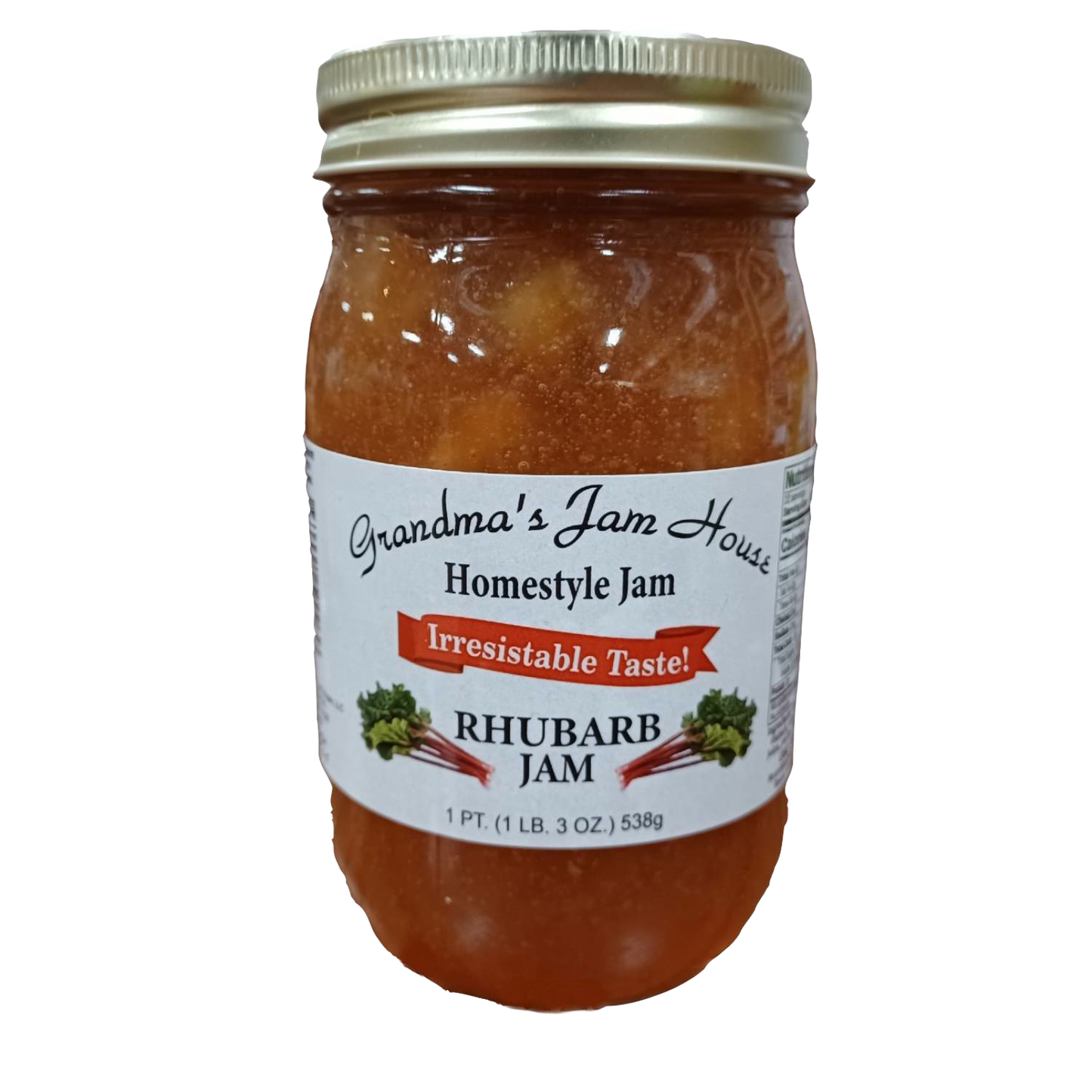 Handcrafted jar of rhubarb jam with gold lid and label featuring rhubarb illustrations, made in USA, included in Kitchen & Food, Pantry, Peanut Butter & Jellies, Best Sellers, and Promo Eligible collections.