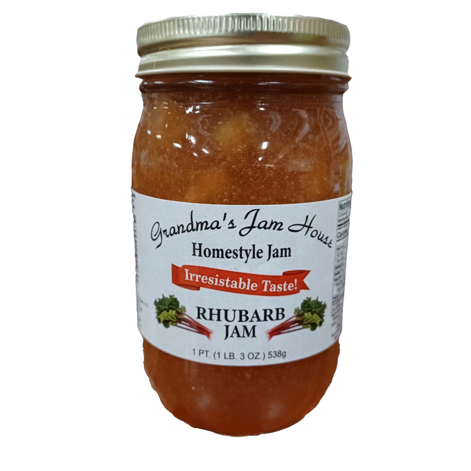 Handcrafted jar of rhubarb jam with gold lid and label featuring rhubarb illustrations, made in USA, included in Kitchen & Food, Pantry, Peanut Butter & Jellies, Best Sellers, and Promo Eligible collections.