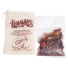 Clear resealable pouch filled with handcrafted loose leaf orchard peach fruit tea blend alongside a natural fabric drawstring bag, a USA made beverage from Kitchen & Food collections.