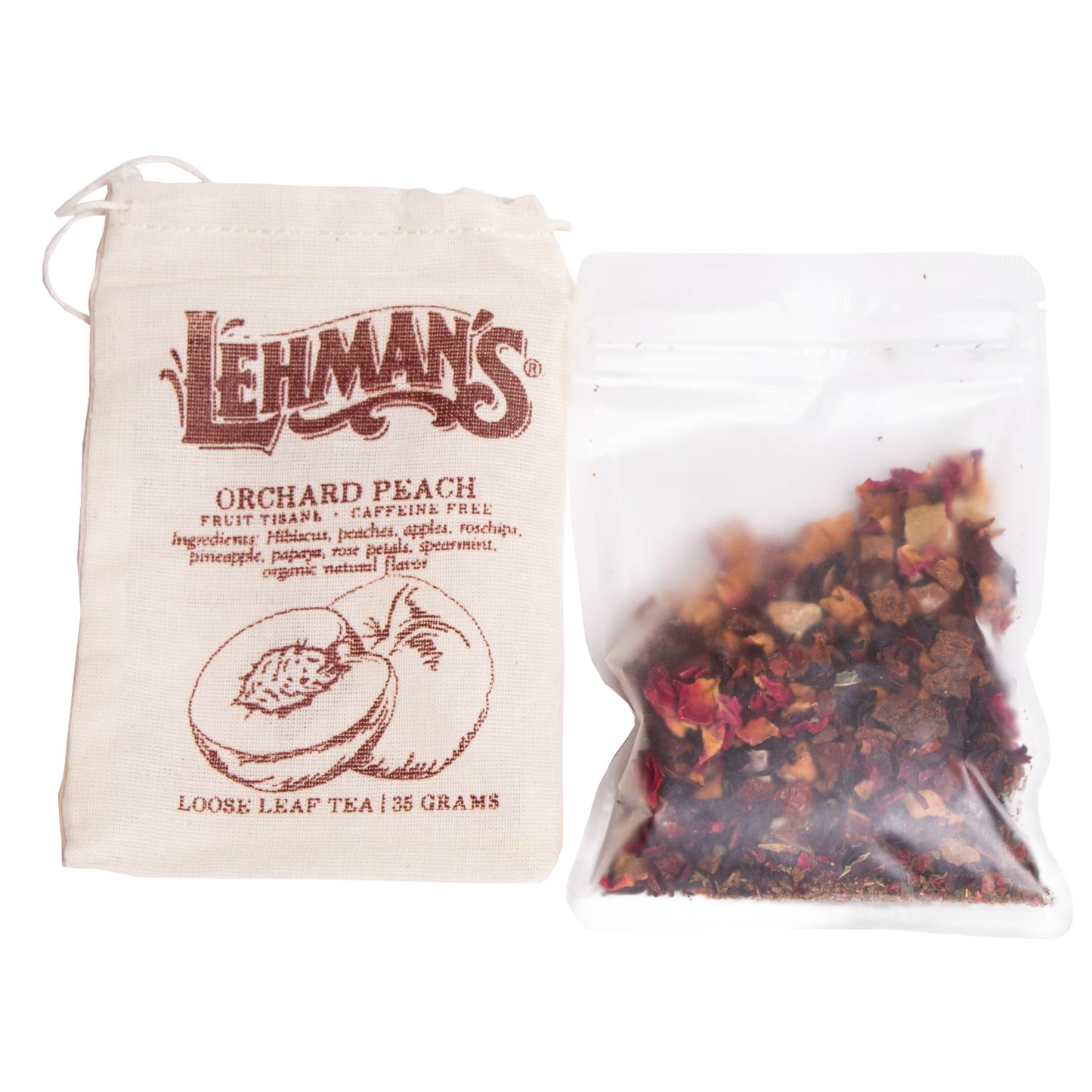 Clear resealable pouch filled with handcrafted loose leaf orchard peach fruit tea blend alongside a natural fabric drawstring bag, a USA made beverage from Kitchen & Food collections.
