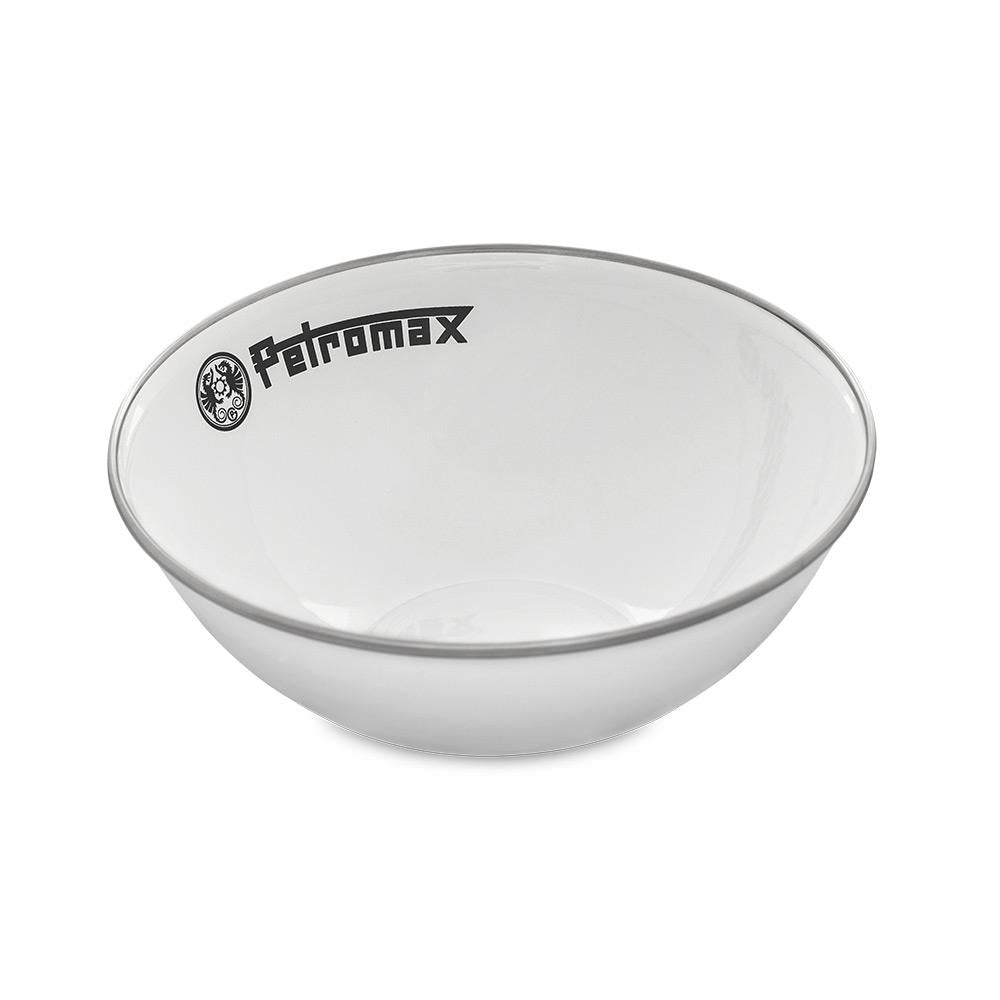 White enamel bowl with subtle gray rim and Petromax logo, crafted for durable, heat- and corrosion-resistant use in Farm, Garden & Tool, Kitchen & Food, Camping, Dinnerware, Best Sellers, and Promo Eligible collections.