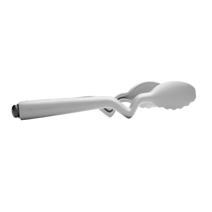 White nylon cooking tongs with a unique bent handle design that keeps the tips elevated to prevent messes, featured for Kitchen & Food, Kitchen Gadgets, Cooking and Baking Helpers, Best Sellers, and Promo Eligible collections.