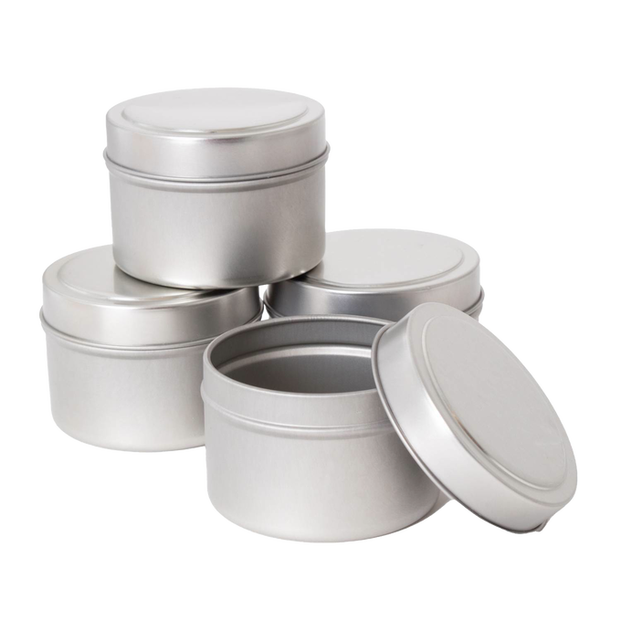 Set of four matte silver metal candle tins with removable lids, handcrafted for soy candle containers, suitable for use in Lamps & Lighting, Candles and Candlemaking, and Candlemaking Supplies collections.